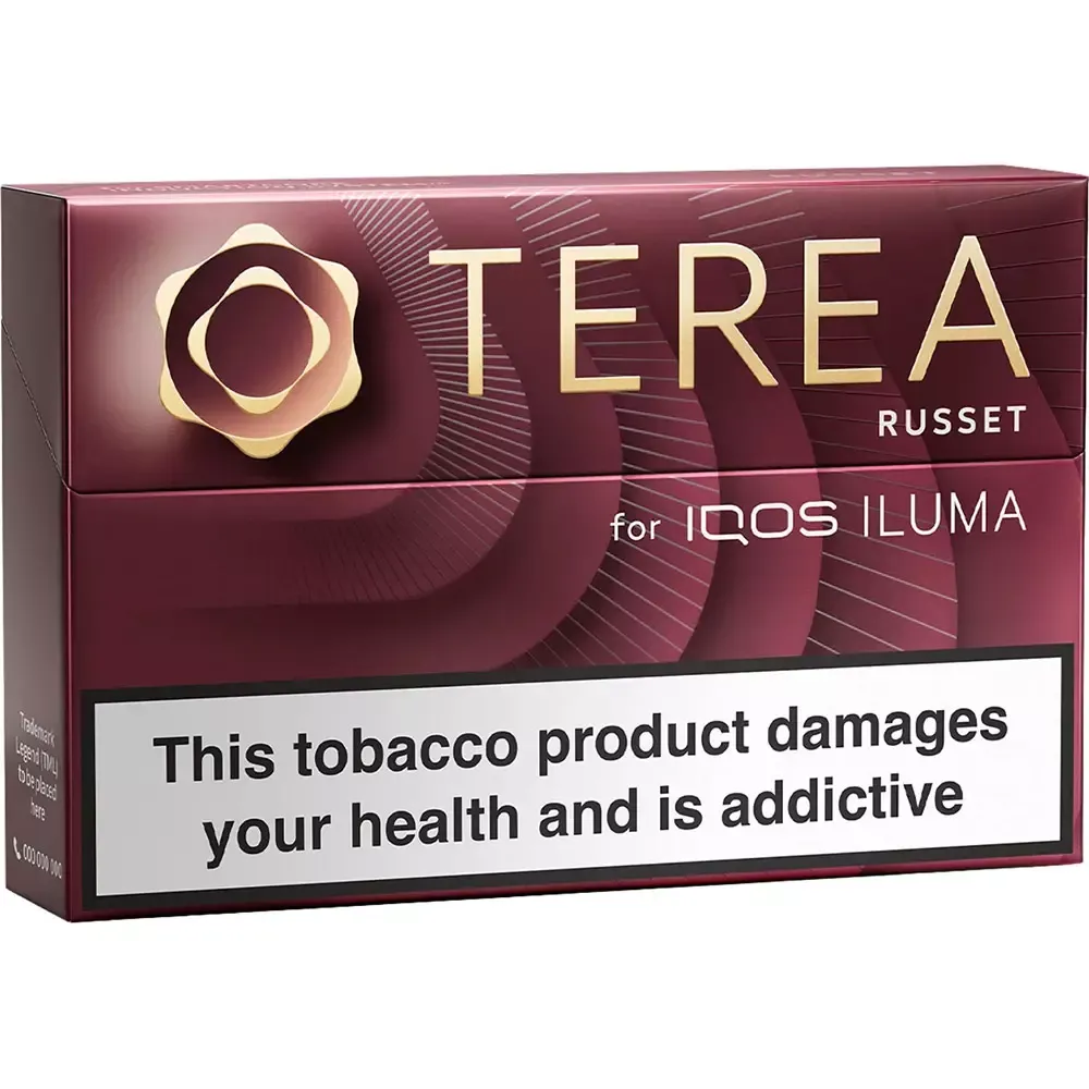 TEREA Russet karton kutusu, bordo ambalaj, ILUMA uyumlu tütün çubuğu